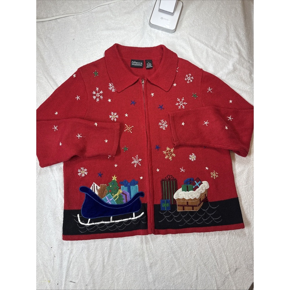 Rebecca Malon Ugly Xmas Sweater Wmns XL Santa Beaded‎ Zip Up Velvet  Embroidery